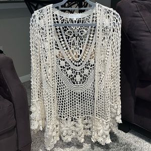 Crochet Lace Open Front Long Kimono Size S NWOT